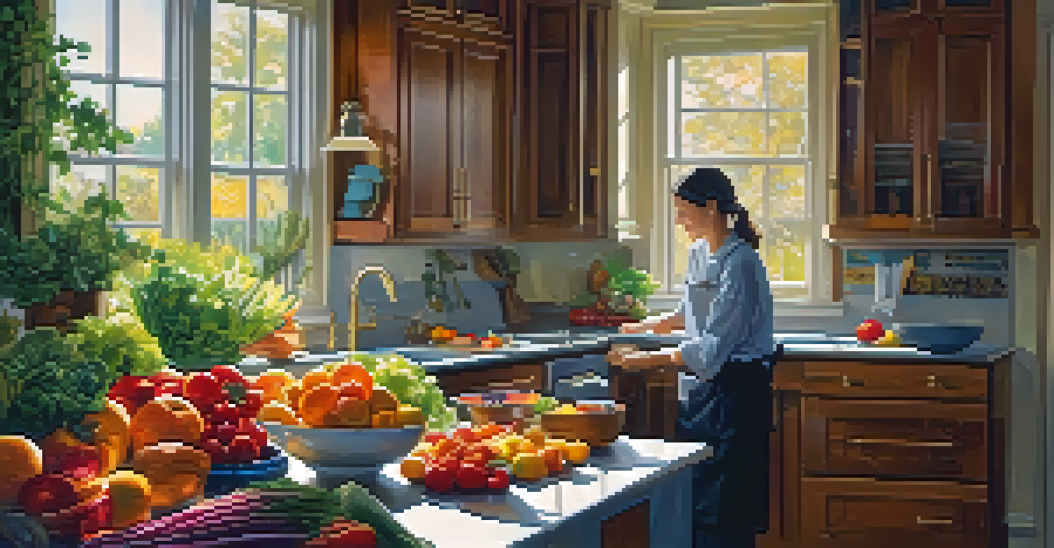 A person in a kitchen preparing a healthy meal with colorful vegetables and fruits on the countertop.