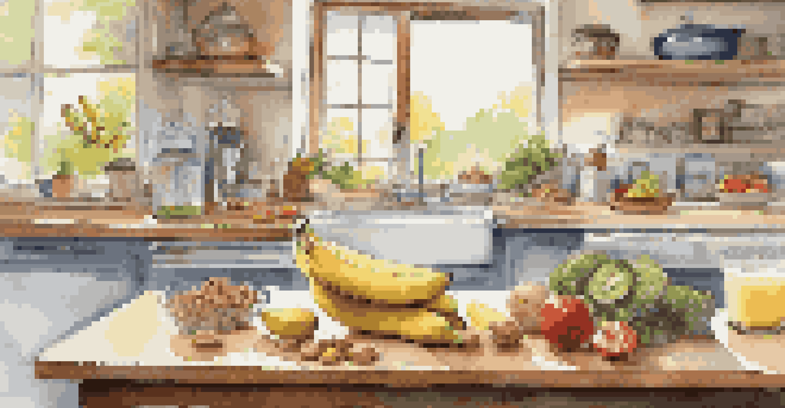A kitchen counter with sleep-friendly foods like bananas and almonds, highlighting the connection between diet and sleep quality.