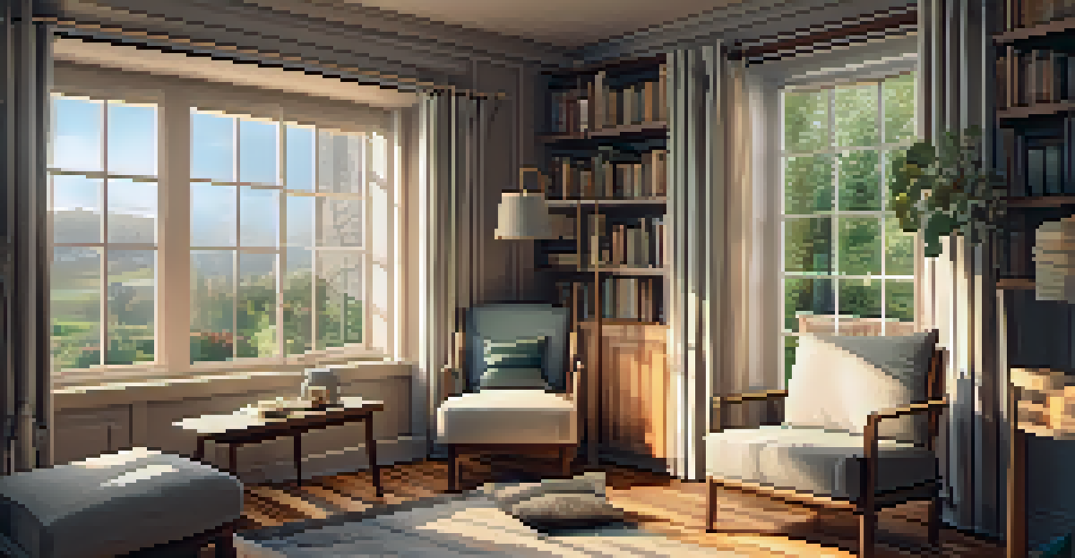 A cozy reading nook with a plush chair, a cup of tea, and an open book by a sunny window.
