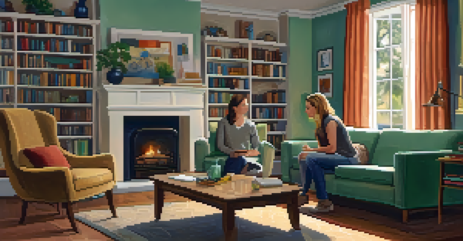 A parent and child having a heartfelt conversation about personal boundaries in a warm and inviting living room.