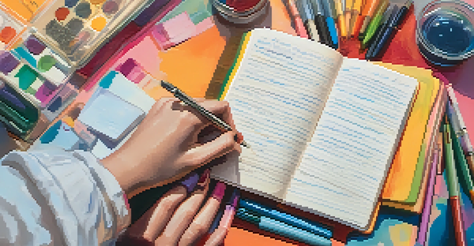 A hand writing in a journal with a fountain pen, surrounded by colorful stationery and a flickering candle.