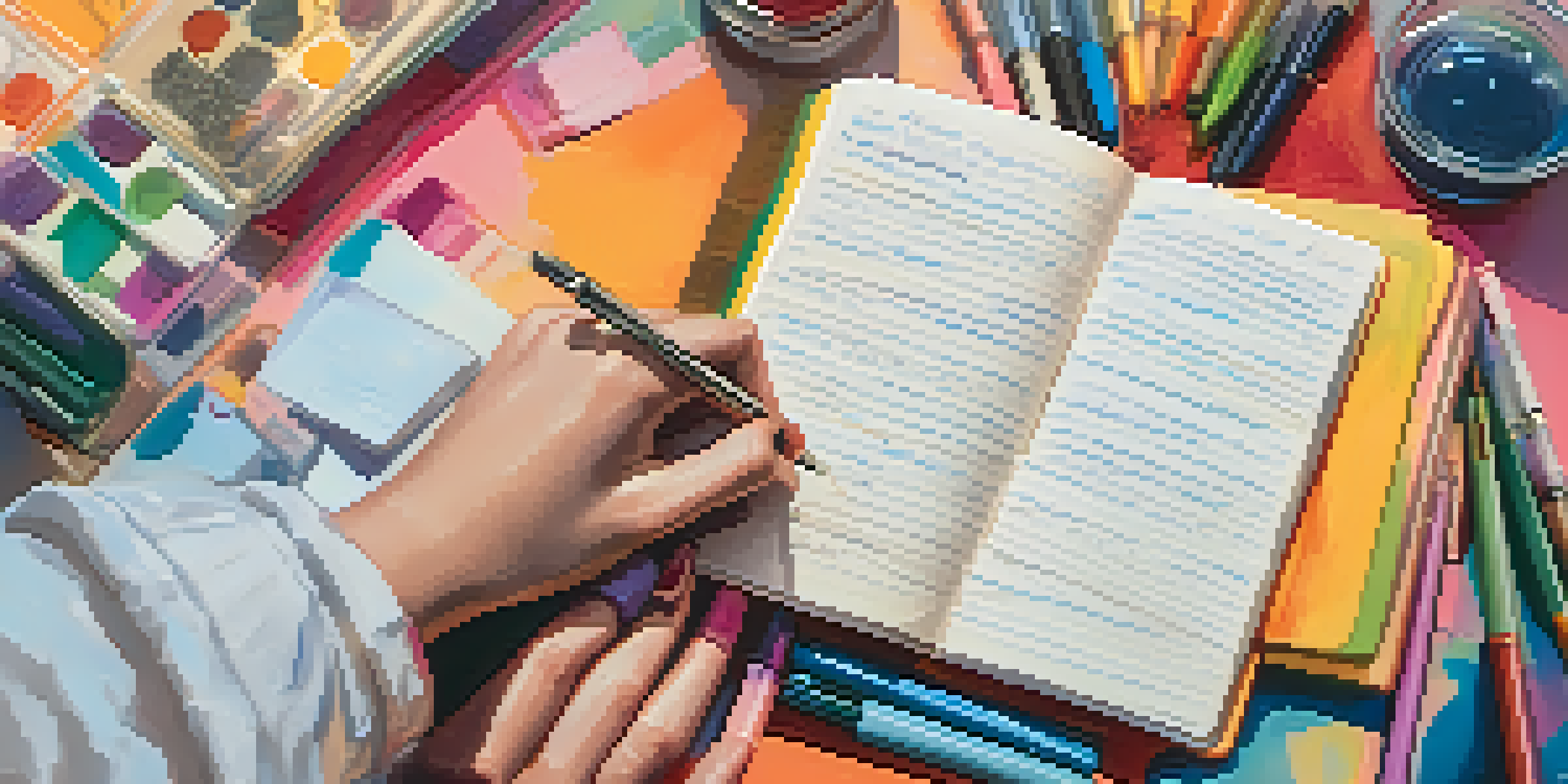 A hand writing in a journal with a fountain pen, surrounded by colorful stationery and a flickering candle.