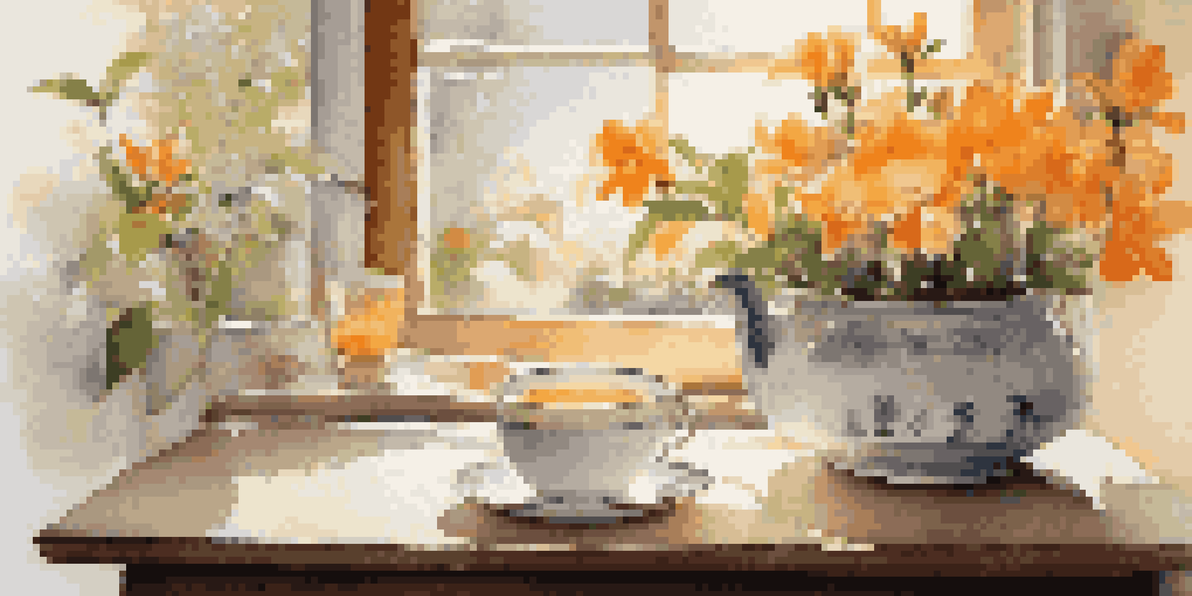 A diffuser releasing mist surrounded by orange blossoms and a herbal tea set, illuminated by soft morning light.