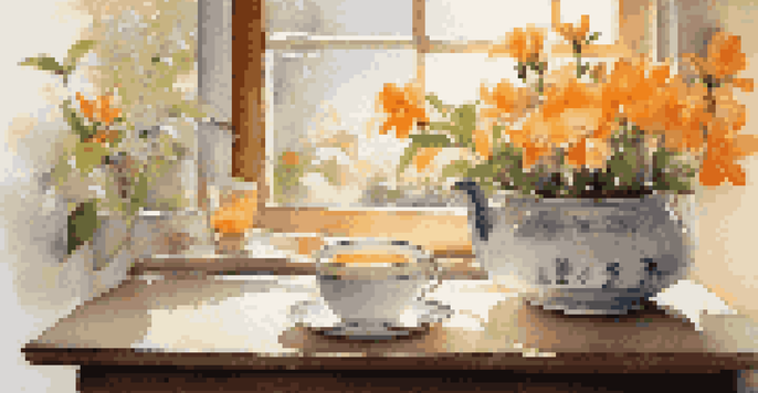 A diffuser releasing mist surrounded by orange blossoms and a herbal tea set, illuminated by soft morning light.