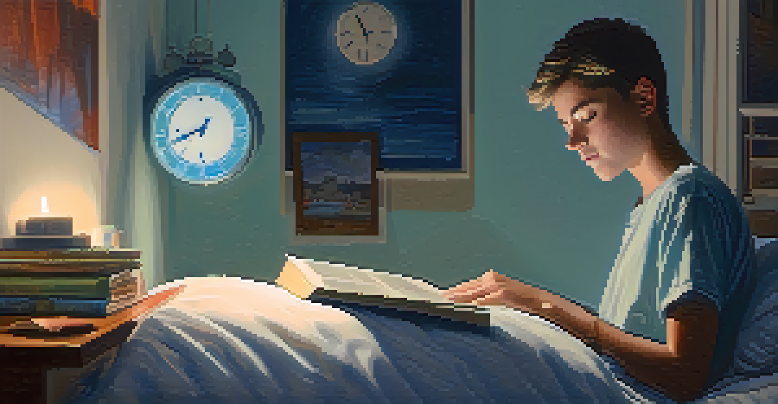 A young person reading a book in bed with soft light, surrounded by calming room decor and a bedside clock indicating bedtime.