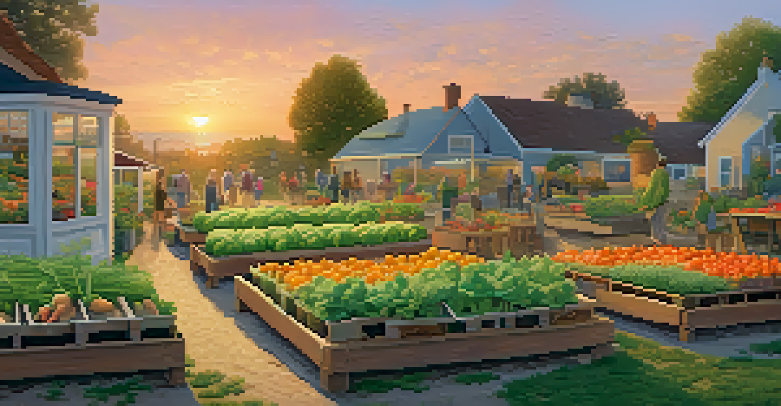 A sunset view of a community garden with neighbors sharing stories, surrounded by vegetables and herbs.