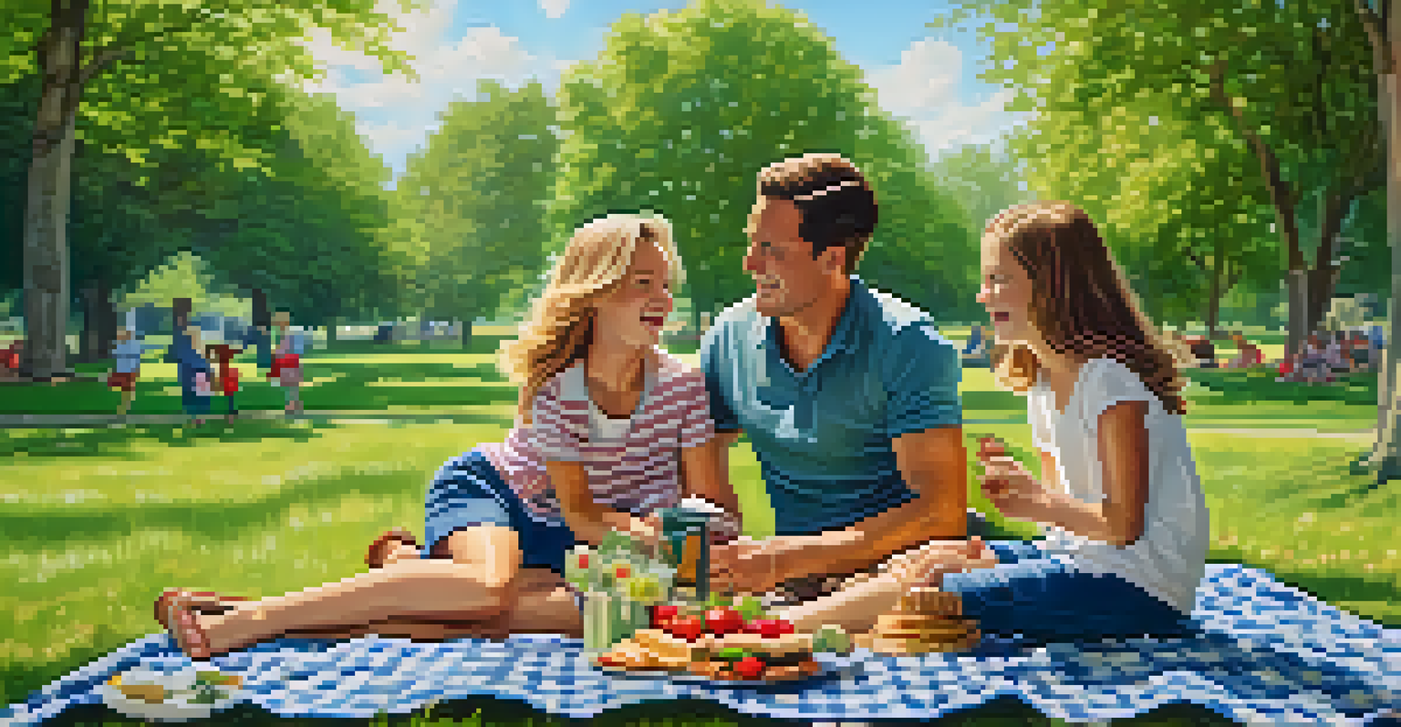 A family having a joyful picnic on a green lawn, surrounded by trees and flowers, highlighting quality time together.