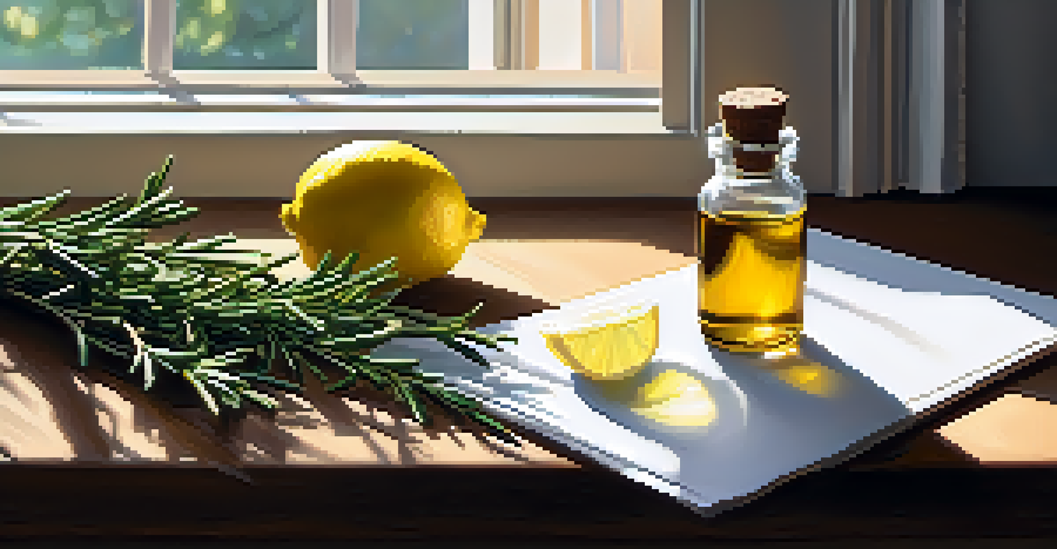 A cozy workspace with essential oils, rosemary, and lemon, bathed in natural sunlight for a refreshing vibe.