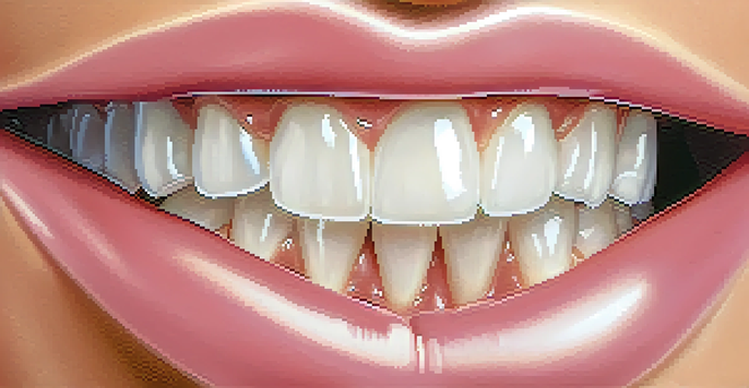 A close-up view of a healthy smile, highlighting bright teeth and pink gums, with dental tools blurred in the background.