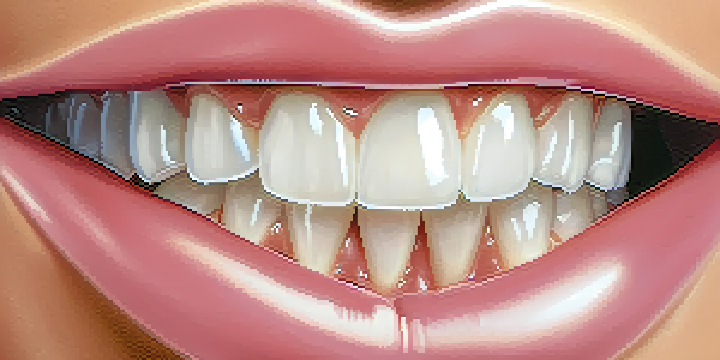 A close-up view of a healthy smile, highlighting bright teeth and pink gums, with dental tools blurred in the background.