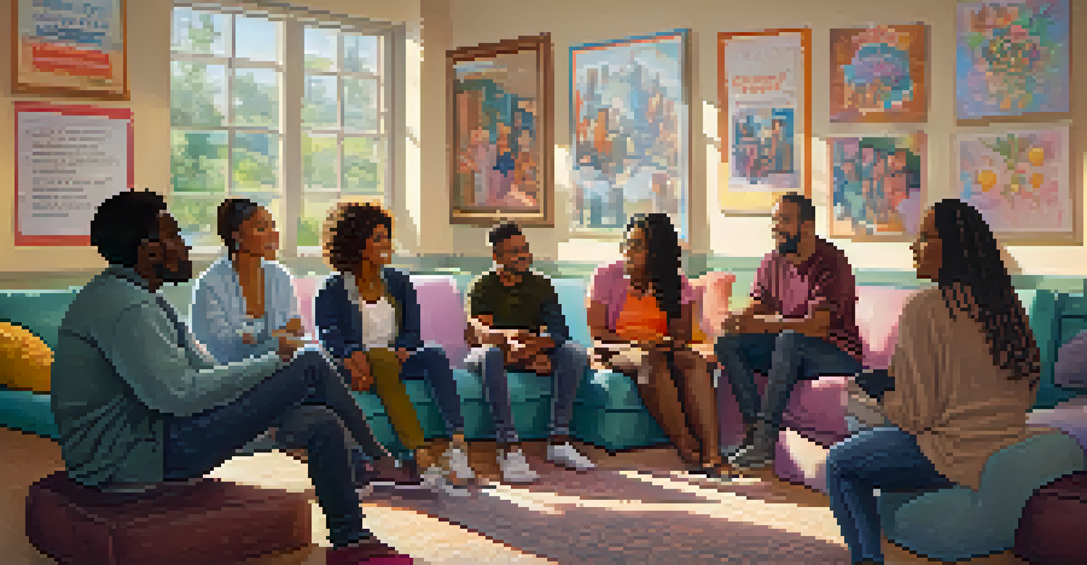 A diverse group of trafficking survivors in a supportive group session at a community center, engaging in conversation surrounded by colorful decorations.