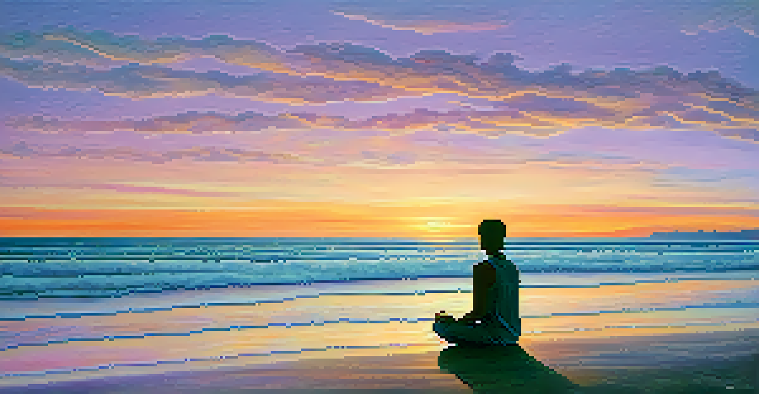 A person meditating on a beach during sunset, with colorful skies and gentle waves in the background, embodying tranquility and reflection.