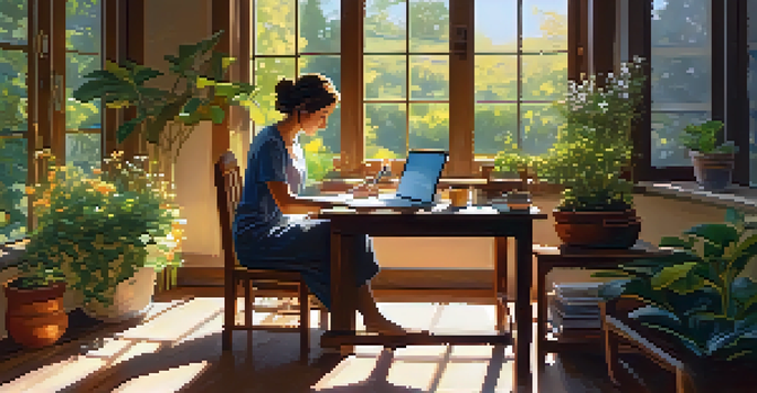 A person writing financial goals at a desk with sunlight coming through a window, surrounded by a laptop and a plant.