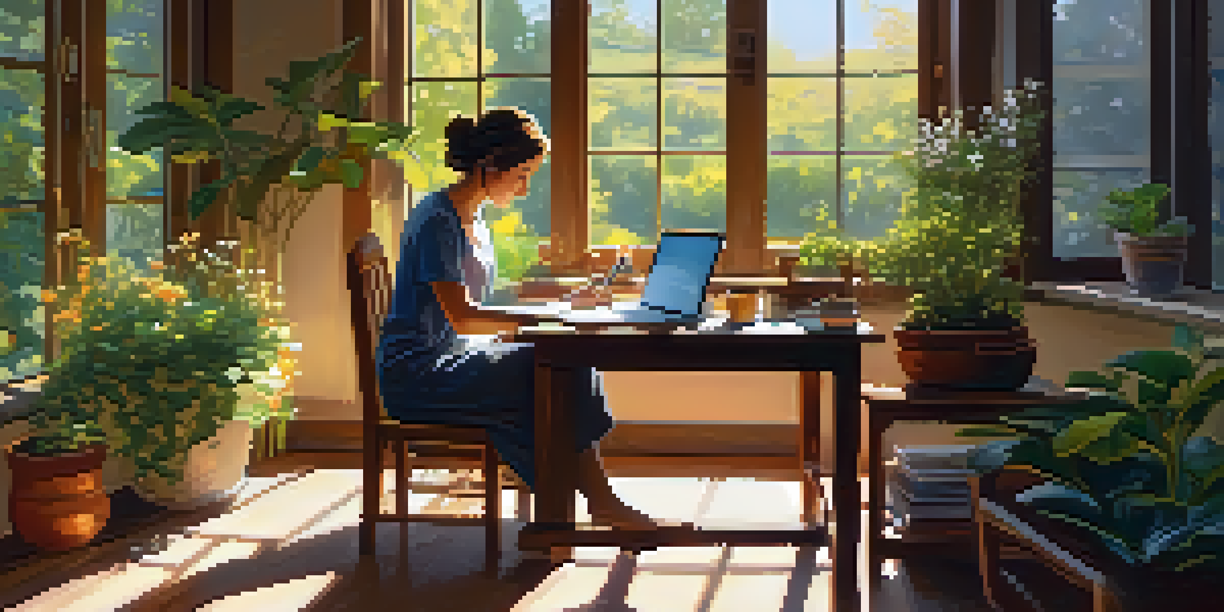 A person writing financial goals at a desk with sunlight coming through a window, surrounded by a laptop and a plant.