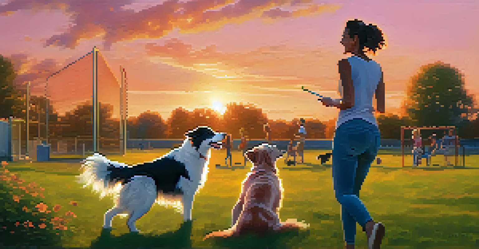 A young woman playing fetch with a border collie at a dog park during sunset, with other dogs and people in the background.