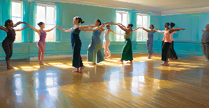 A group of diverse individuals participating in a dance movement therapy session in a softly lit room, expressing emotions through movement.