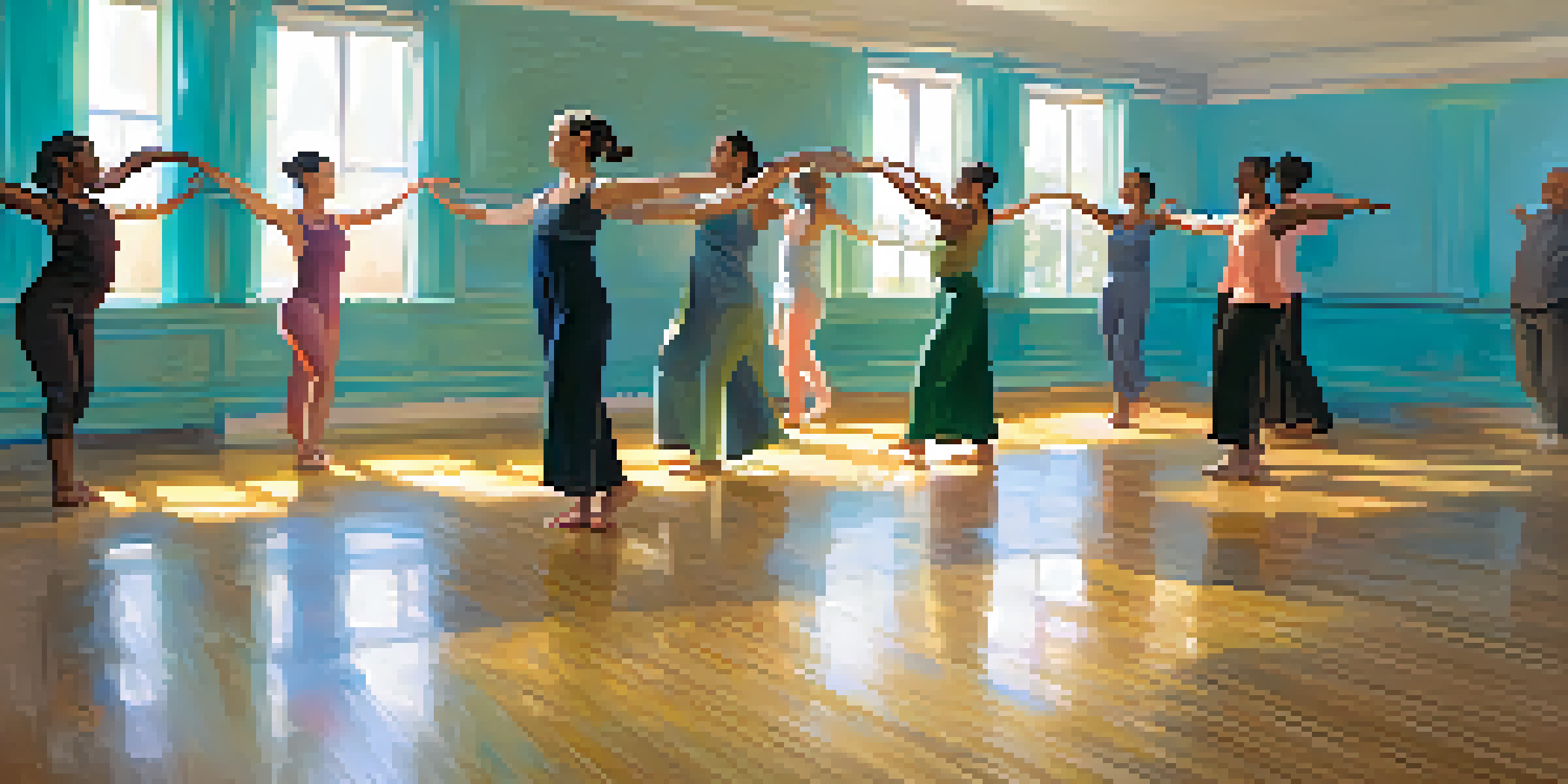 A group of diverse individuals participating in a dance movement therapy session in a softly lit room, expressing emotions through movement.