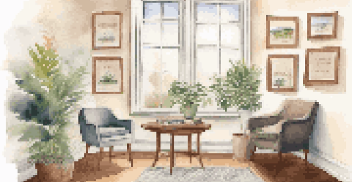 A wellness coach's office with a cozy atmosphere, showing a coach and a client in discussion, surrounded by plants and motivating artwork.