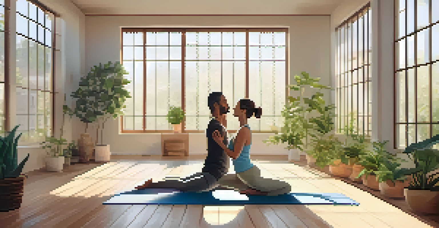 A couple practicing yoga together in a bright room with sunlight and plants around them.
