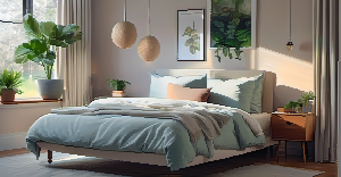 A peaceful bedroom with a neatly made bed, warm lighting, and calming decor, designed for restful sleep.