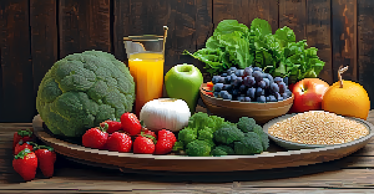 A colorful plate of fruits, vegetables, and whole grains displayed on a rustic wooden table.