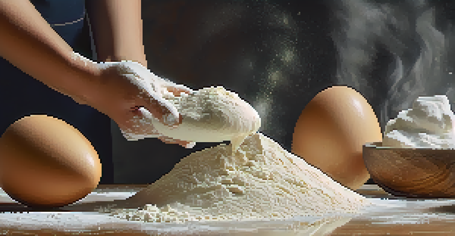 Hands kneading dough on a floured countertop with baking ingredients in the background.