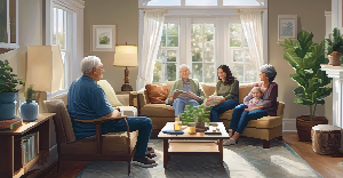A family of diverse generations discussing health choices in a cozy living room, surrounded by family photos and plants.