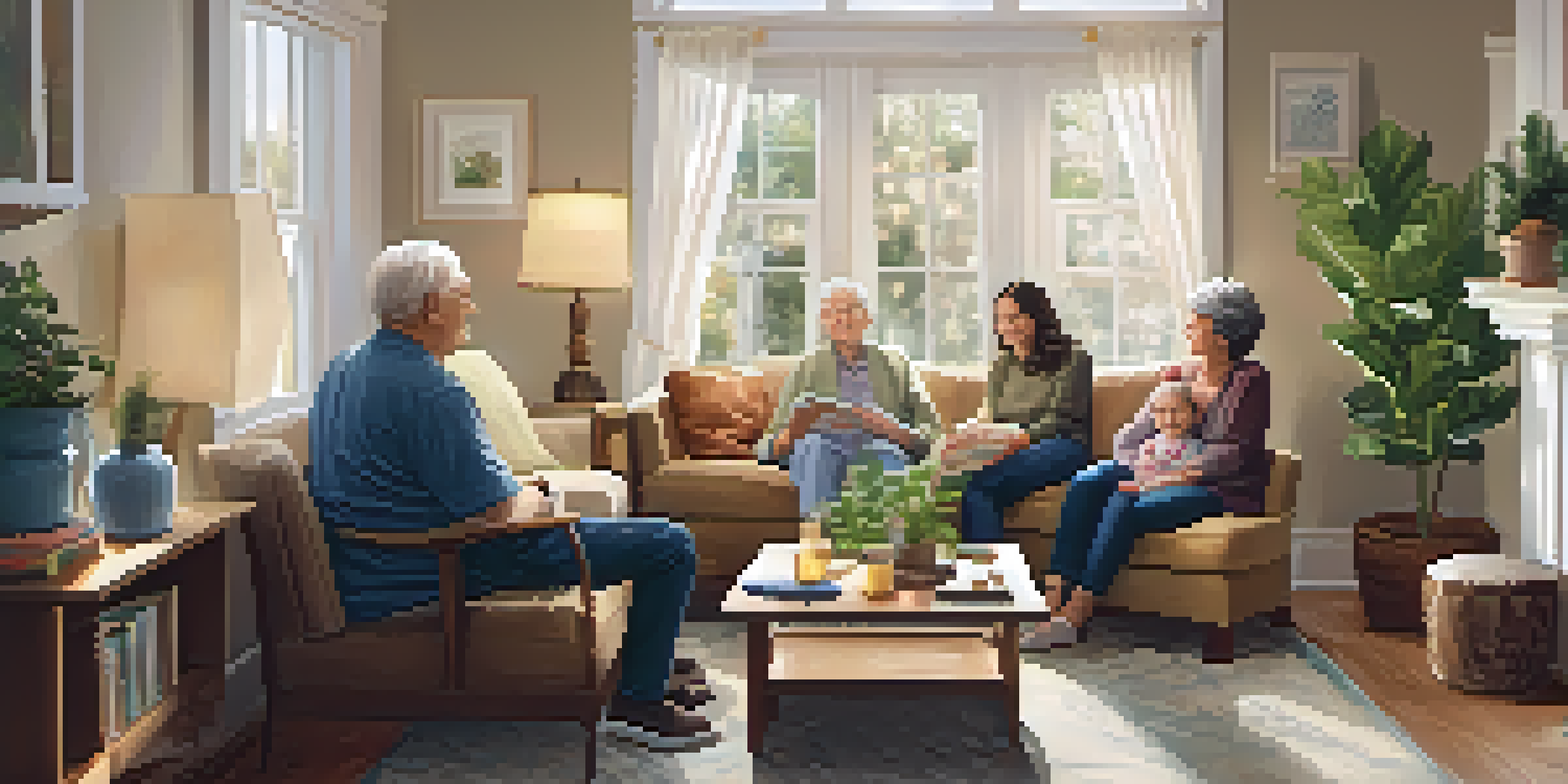 A family of diverse generations discussing health choices in a cozy living room, surrounded by family photos and plants.