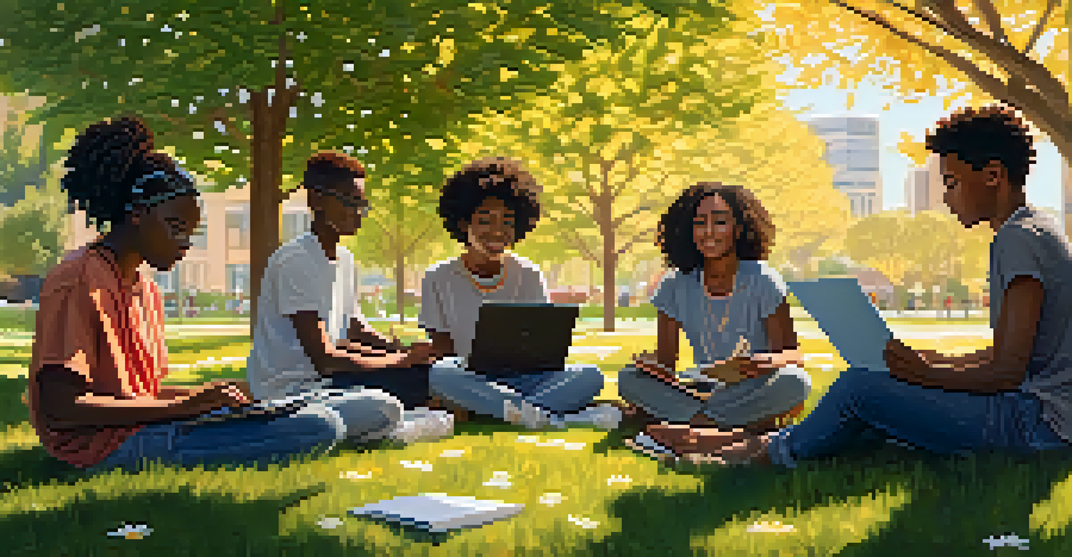 Young people collaborating on a health equity project outdoors, surrounded by nature with laptops and notebooks.