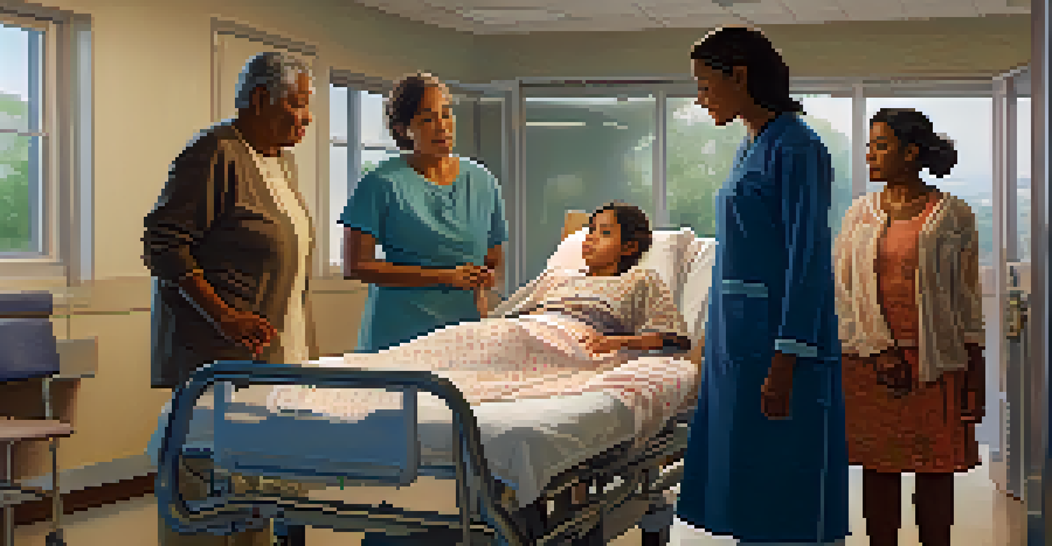 A supportive family surrounding a middle-aged woman in a hospital bed, showcasing warmth and care in the environment.
