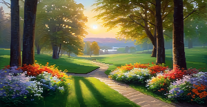 A peaceful park scene at sunset with green grass, blooming flowers, and tall trees, featuring a winding pathway.