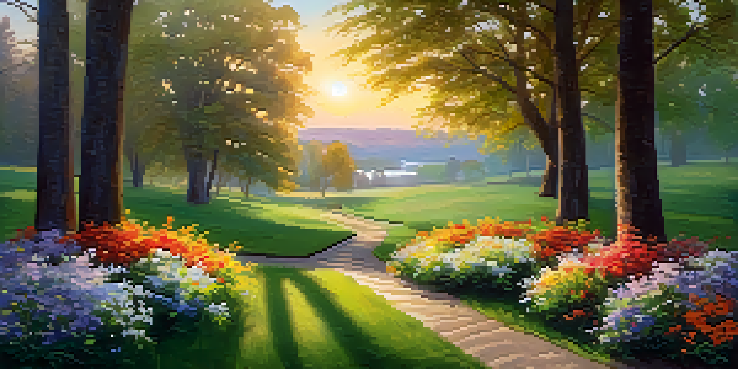 A peaceful park scene at sunset with green grass, blooming flowers, and tall trees, featuring a winding pathway.