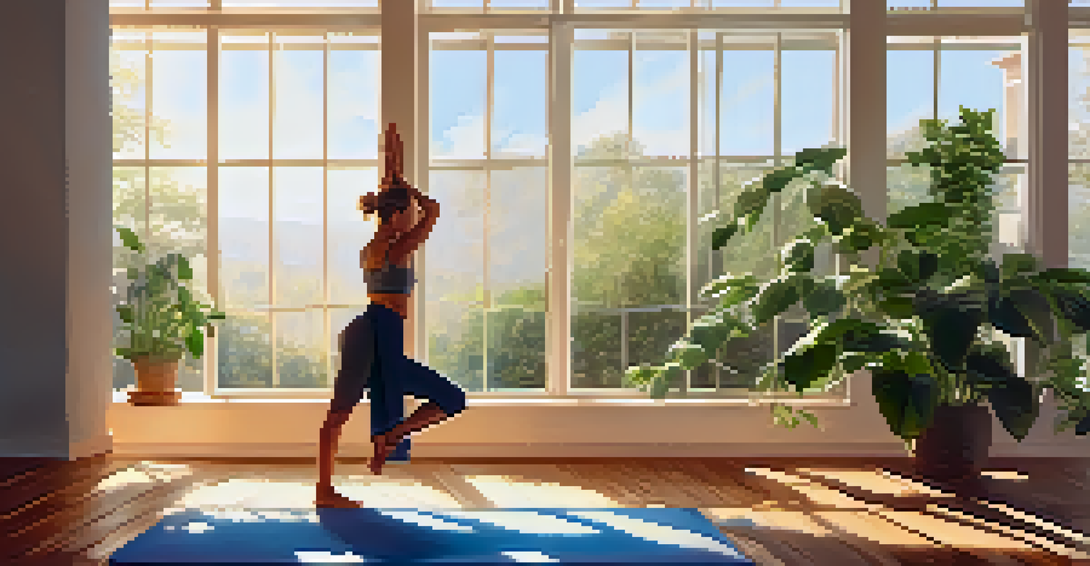 A person practicing yoga in a bright room filled with plants, sunlight streaming through the windows, creating a peaceful atmosphere.