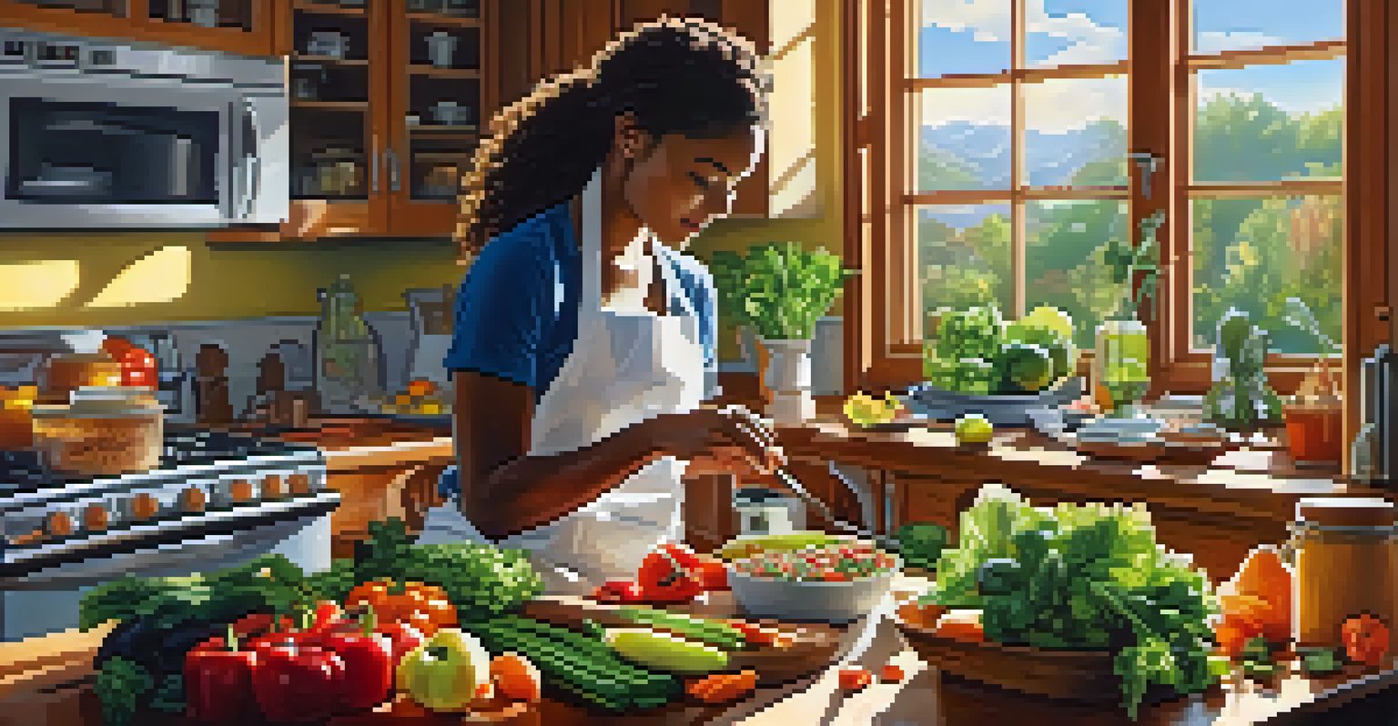 A bright kitchen with a person preparing a healthy meal using fresh vegetables and fruits, highlighting the role of nutrition in fitness.