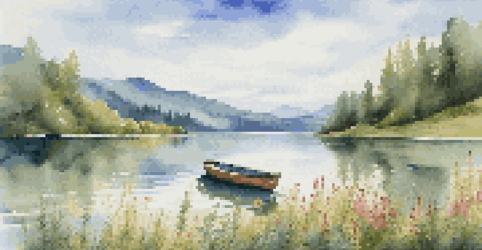 A tranquil lake surrounded by lush mountains, reflecting the sky, with wildflowers in the foreground and a small boat on the water.