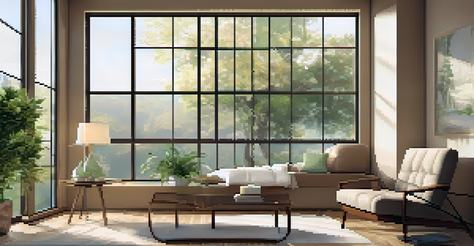 A cozy therapy room with a couch, soft lighting, and nature-themed art on the walls, illuminated by sunlight from a large window.