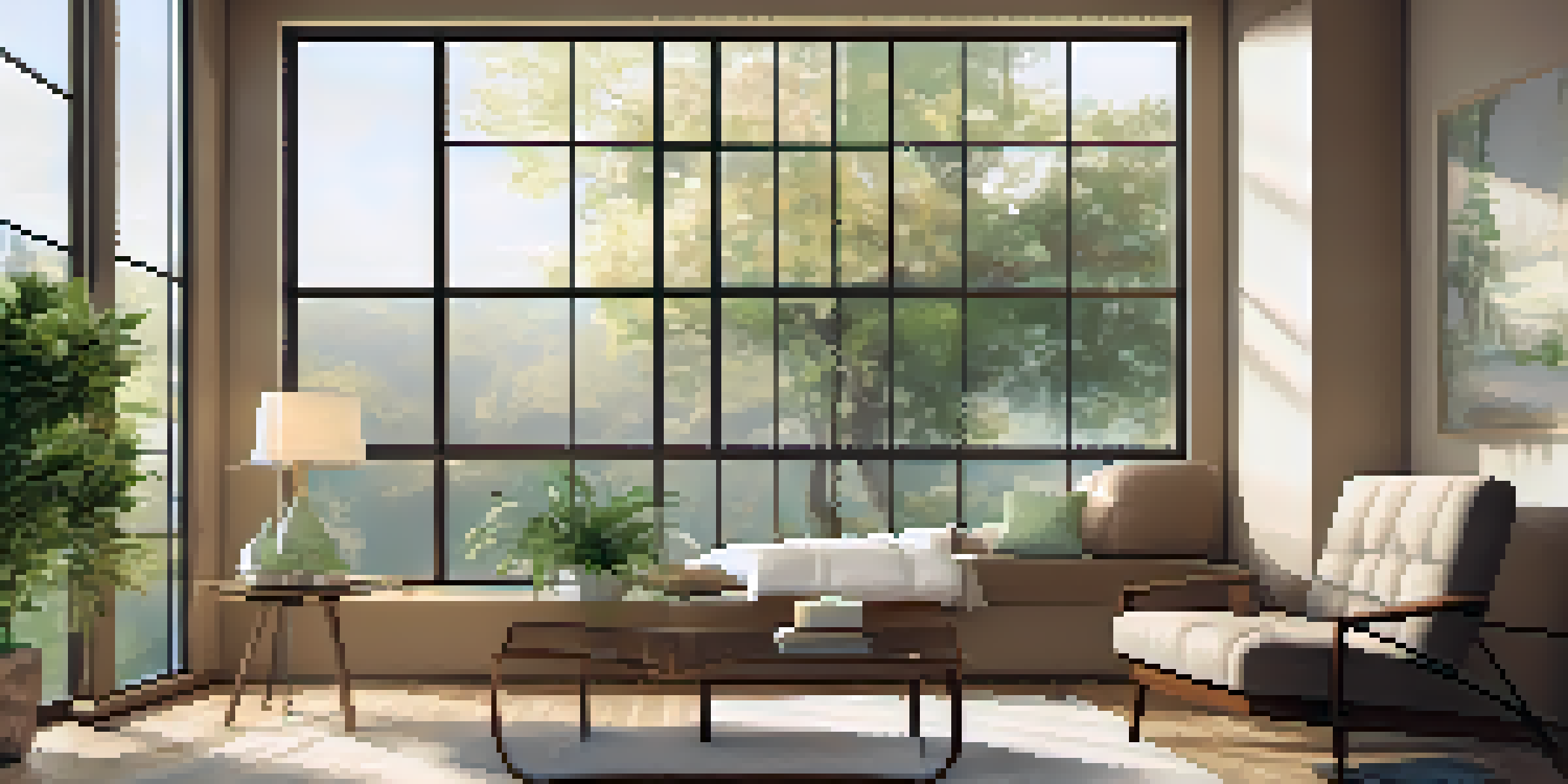 A cozy therapy room with a couch, soft lighting, and nature-themed art on the walls, illuminated by sunlight from a large window.