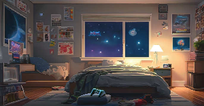 A teenager sitting on a bed in a cozy bedroom, holding a game controller, with gaming posters on the walls and a clock showing late hours.