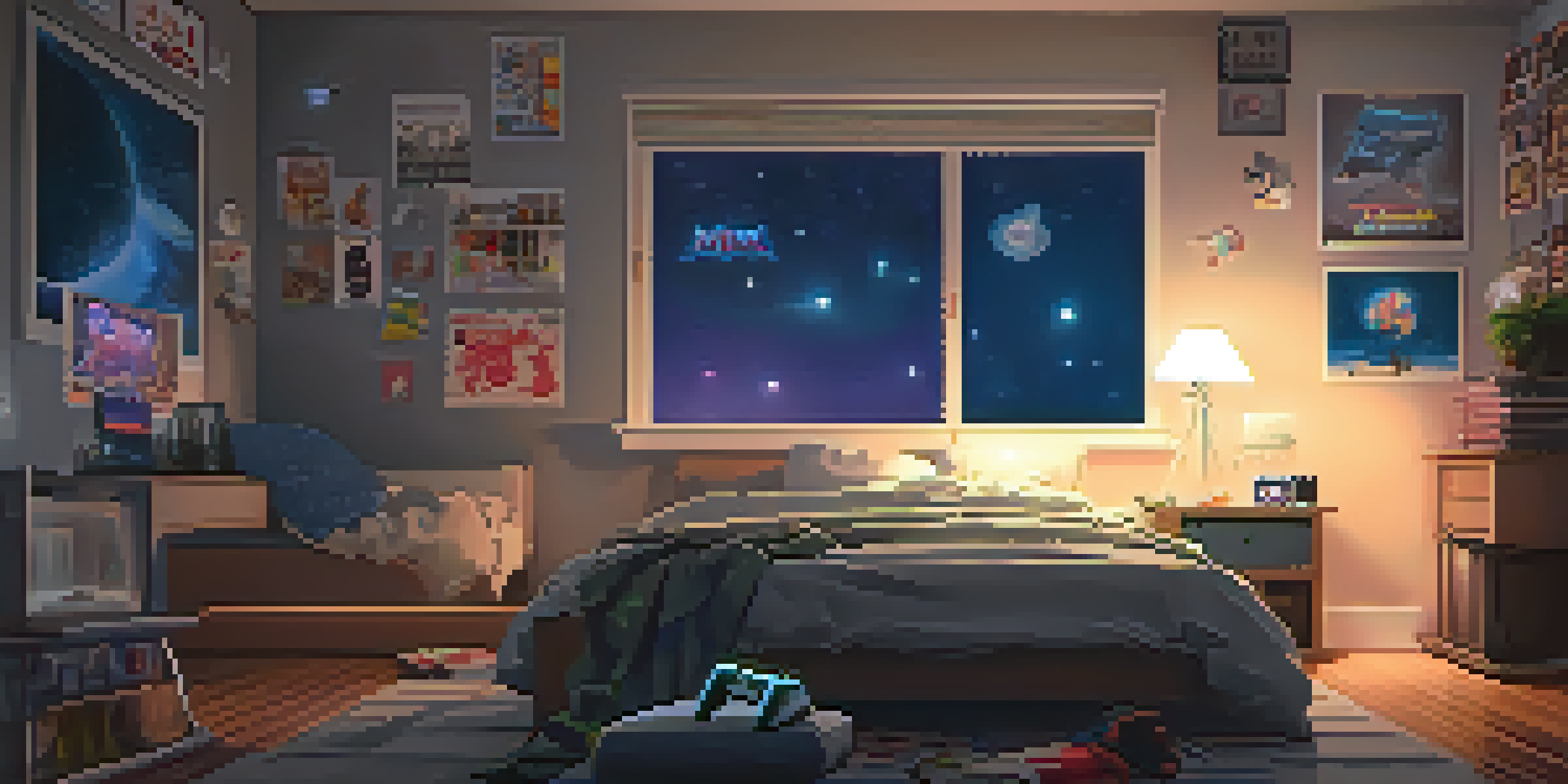 A teenager sitting on a bed in a cozy bedroom, holding a game controller, with gaming posters on the walls and a clock showing late hours.