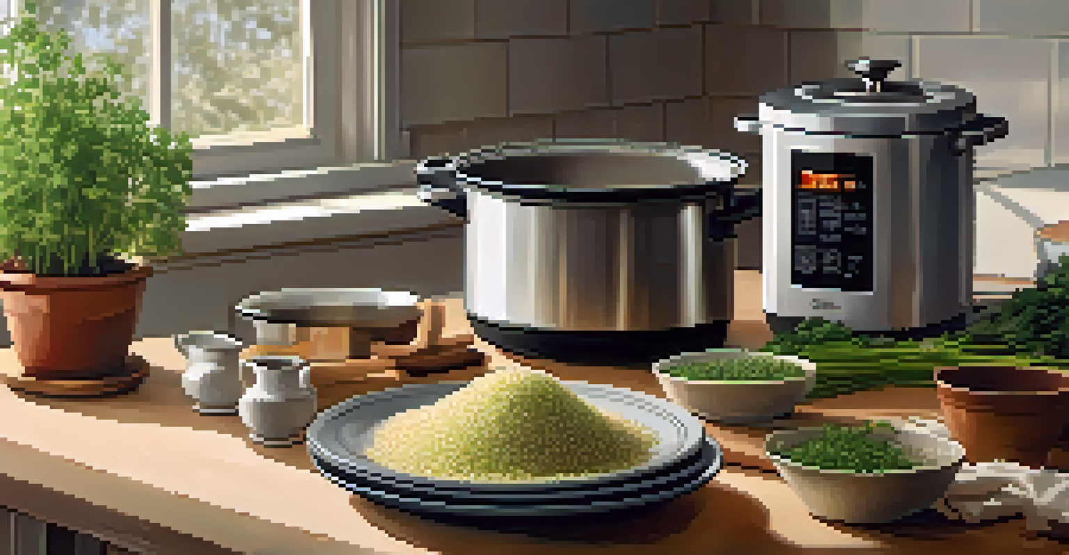 A pot of simmering quinoa on a stovetop in a cozy kitchen, with measuring cups and a recipe book on the countertop.