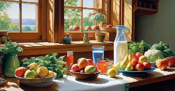 A wooden kitchen table with an array of fresh fruits and vegetables, including dairy products, illuminated by sunlight from a window.