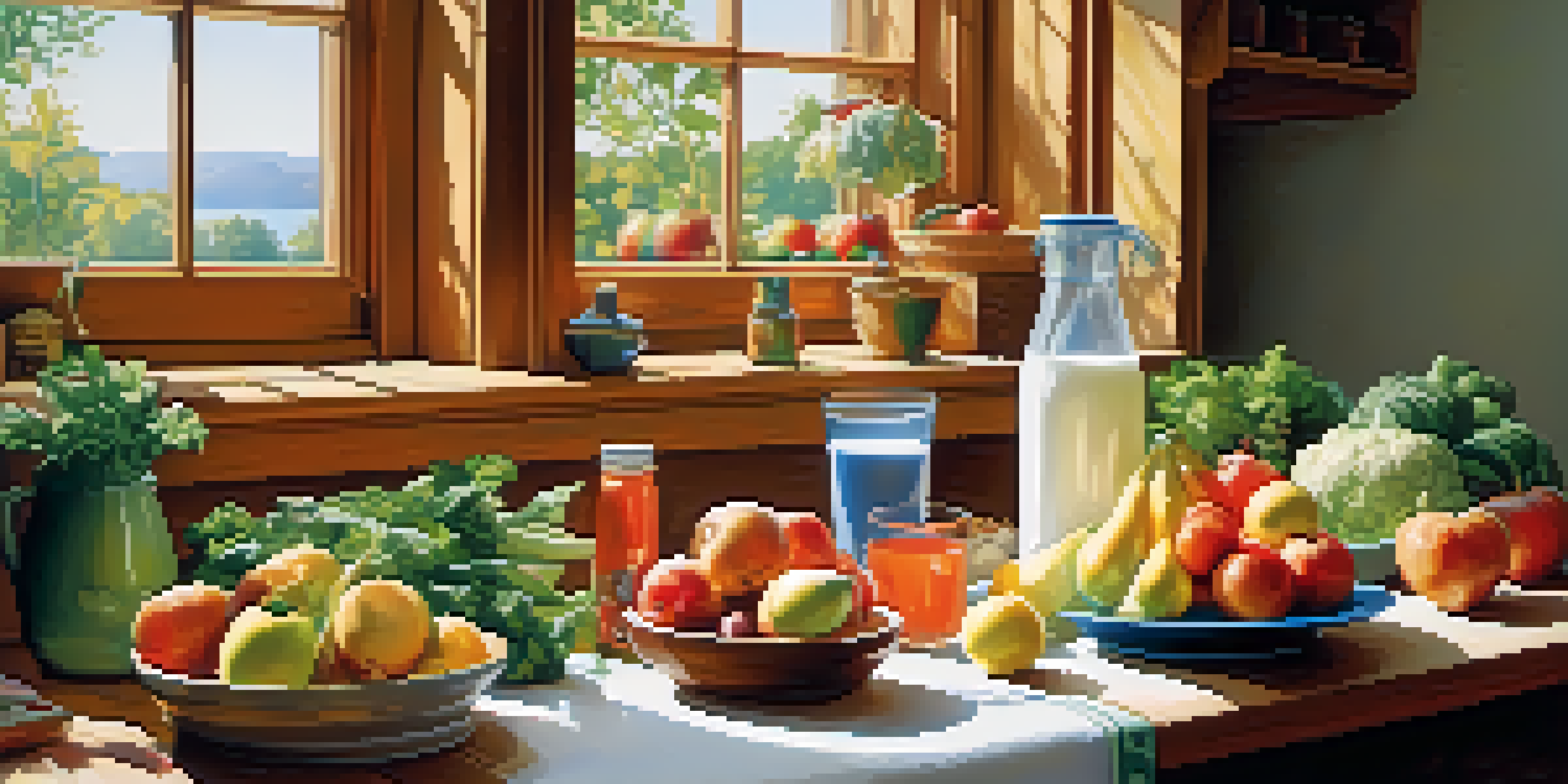 A wooden kitchen table with an array of fresh fruits and vegetables, including dairy products, illuminated by sunlight from a window.