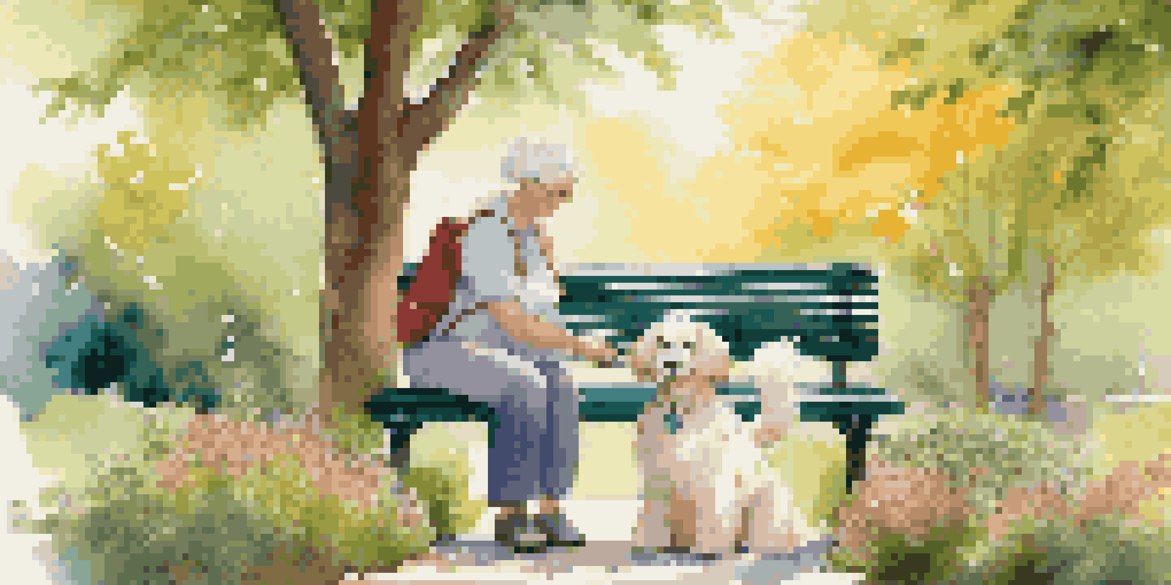 A person sitting on a bench, petting a happy therapy dog in a beautiful park with greenery and sunlight.