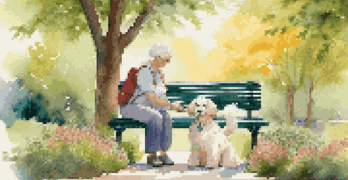 A person sitting on a bench, petting a happy therapy dog in a beautiful park with greenery and sunlight.