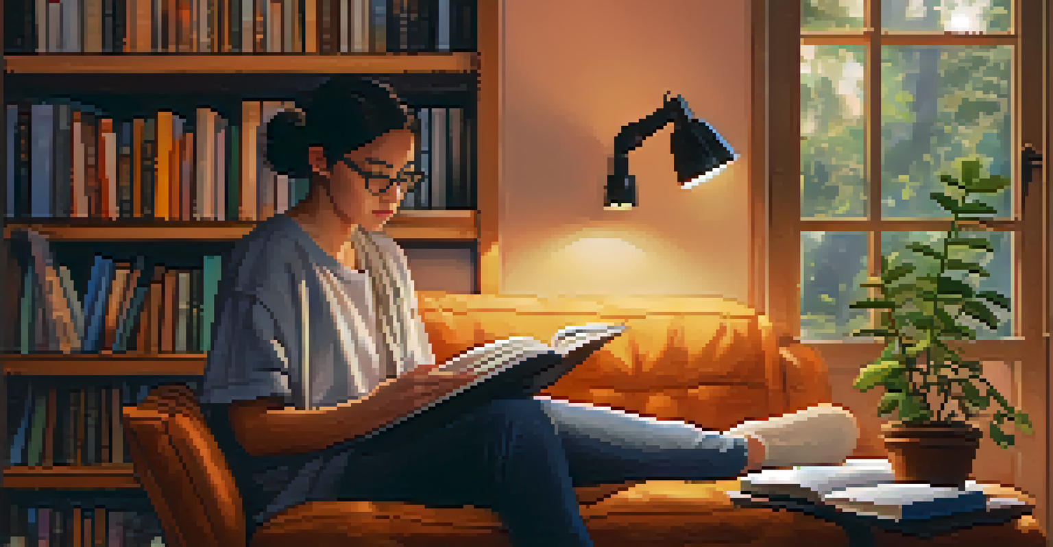 A person reading a book about mental health on a cozy couch, surrounded by resources and plants.