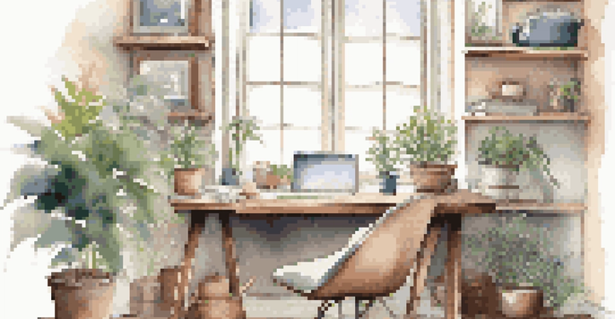 A peaceful workspace with soft lighting, a cozy chair, and a journal on the desk.