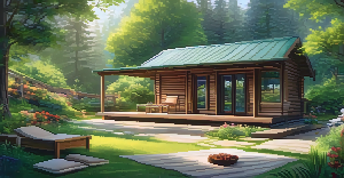 A tranquil detox retreat with a wooden cabin, surrounded by greenery and flowers, and a yoga area bathed in morning light.