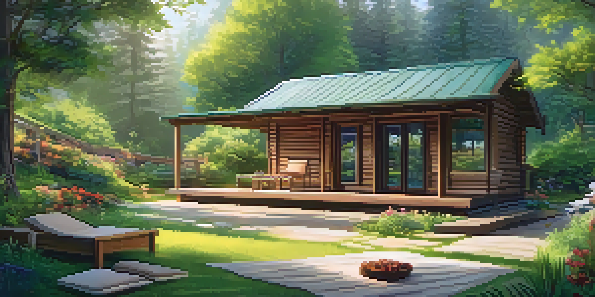 A tranquil detox retreat with a wooden cabin, surrounded by greenery and flowers, and a yoga area bathed in morning light.