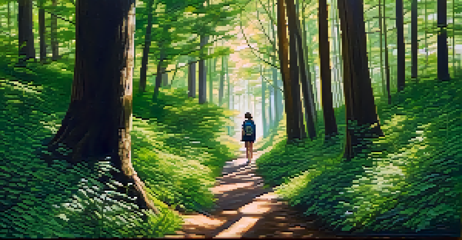 A person walking mindfully along a sunlit forest path, surrounded by tall trees and lush greenery.