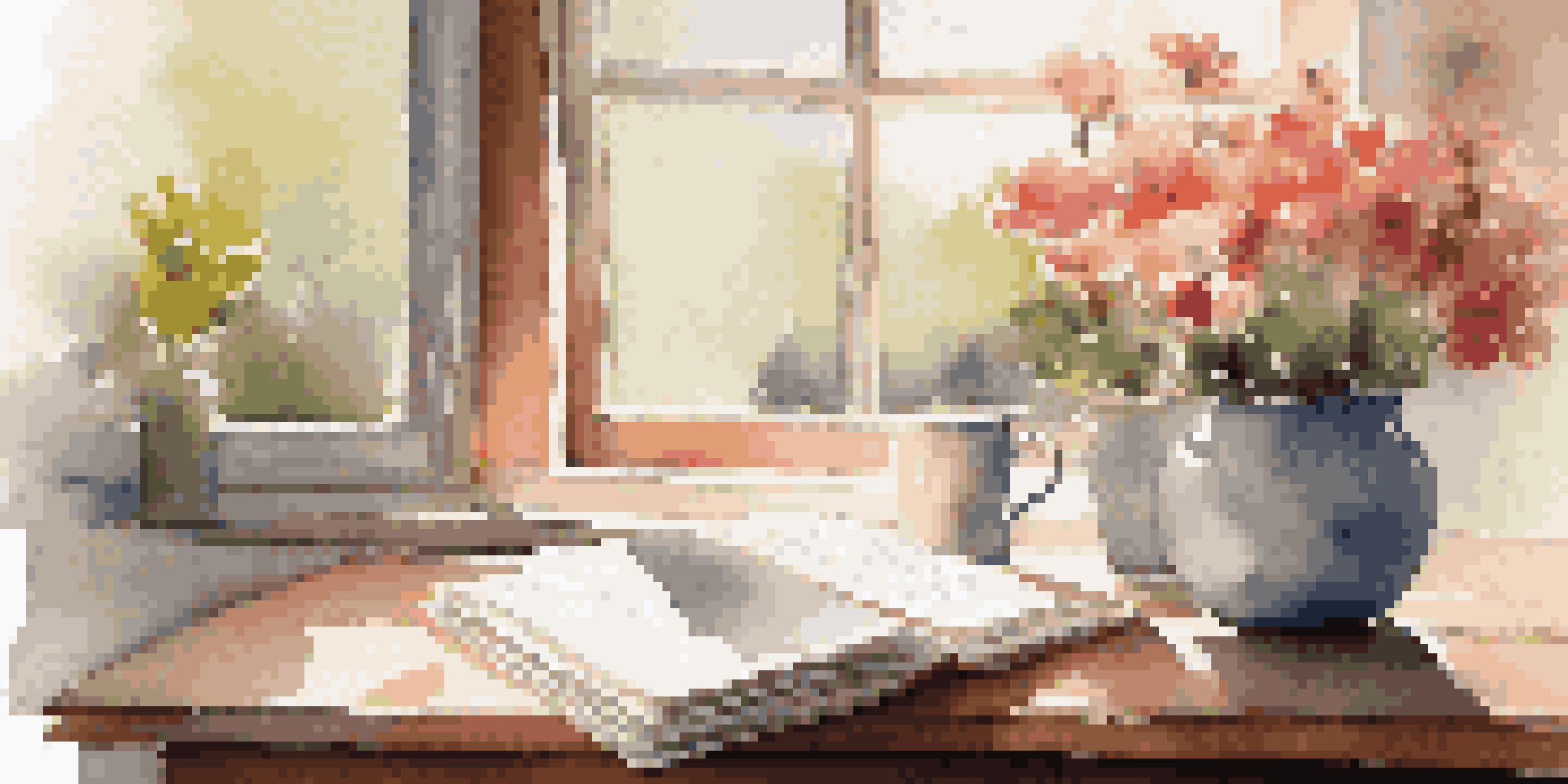 A cozy morning setting with a cup of coffee, a journal with gratitude notes, and sunlight filtering through a window.